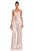 Apolline Pink Satin Top & Trousers Set with Floral Lace