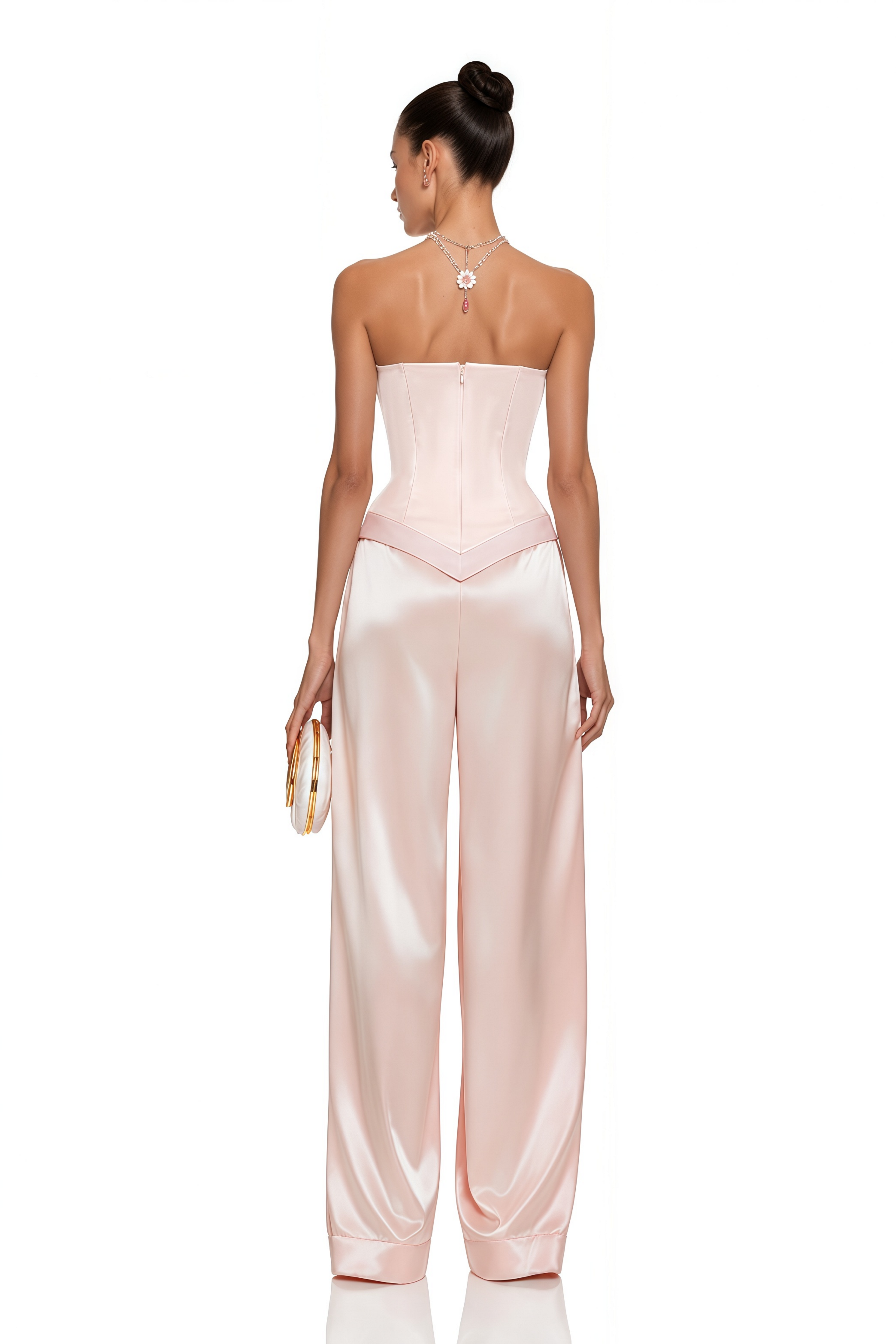 Apolline Pink Satin Top & Trousers Set with Floral Lace