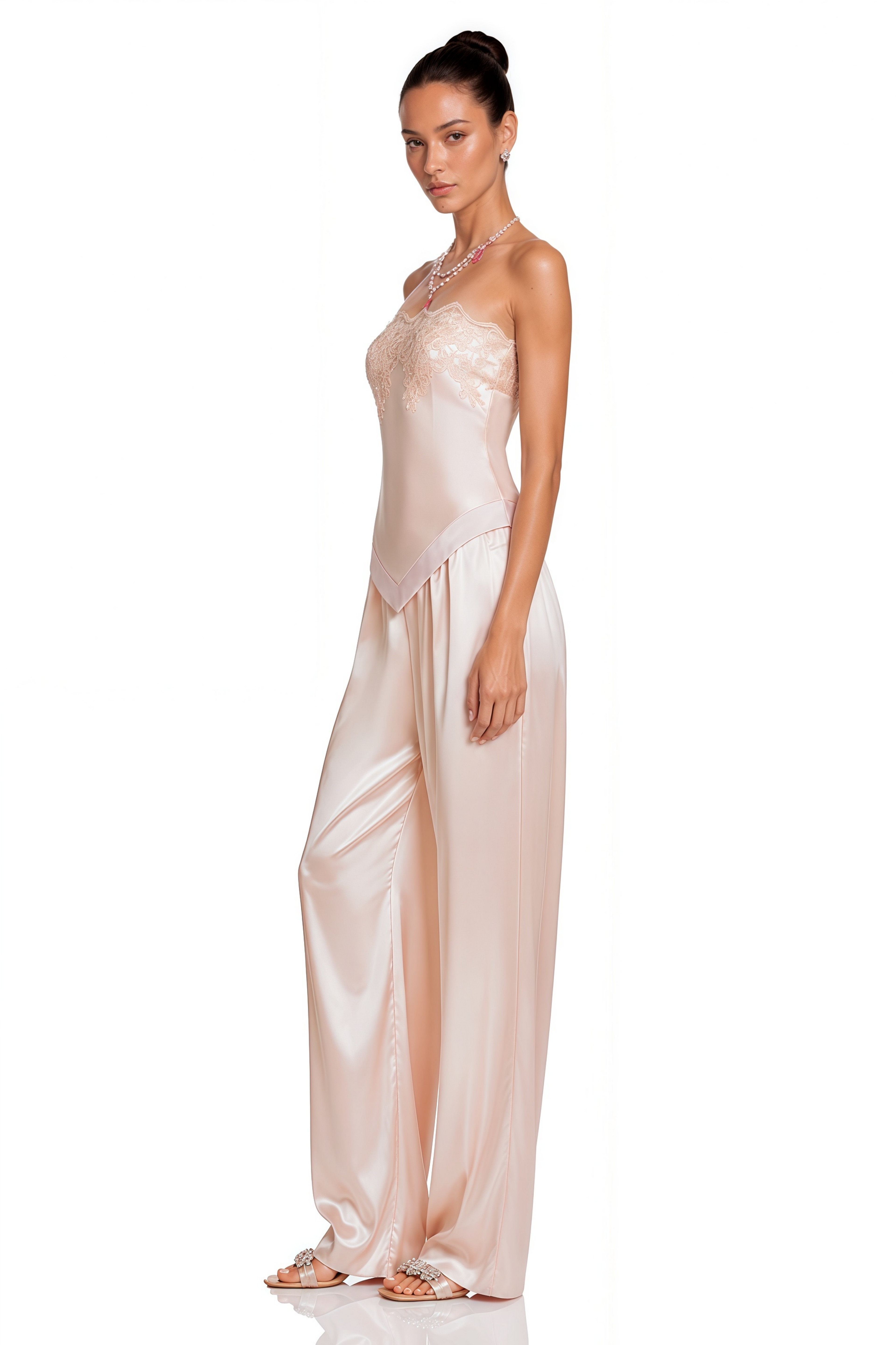 Apolline Pink Satin Top & Trousers Set with Floral Lace