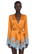 Aurelie Brown Satin Wrap Mini Dress with Lace