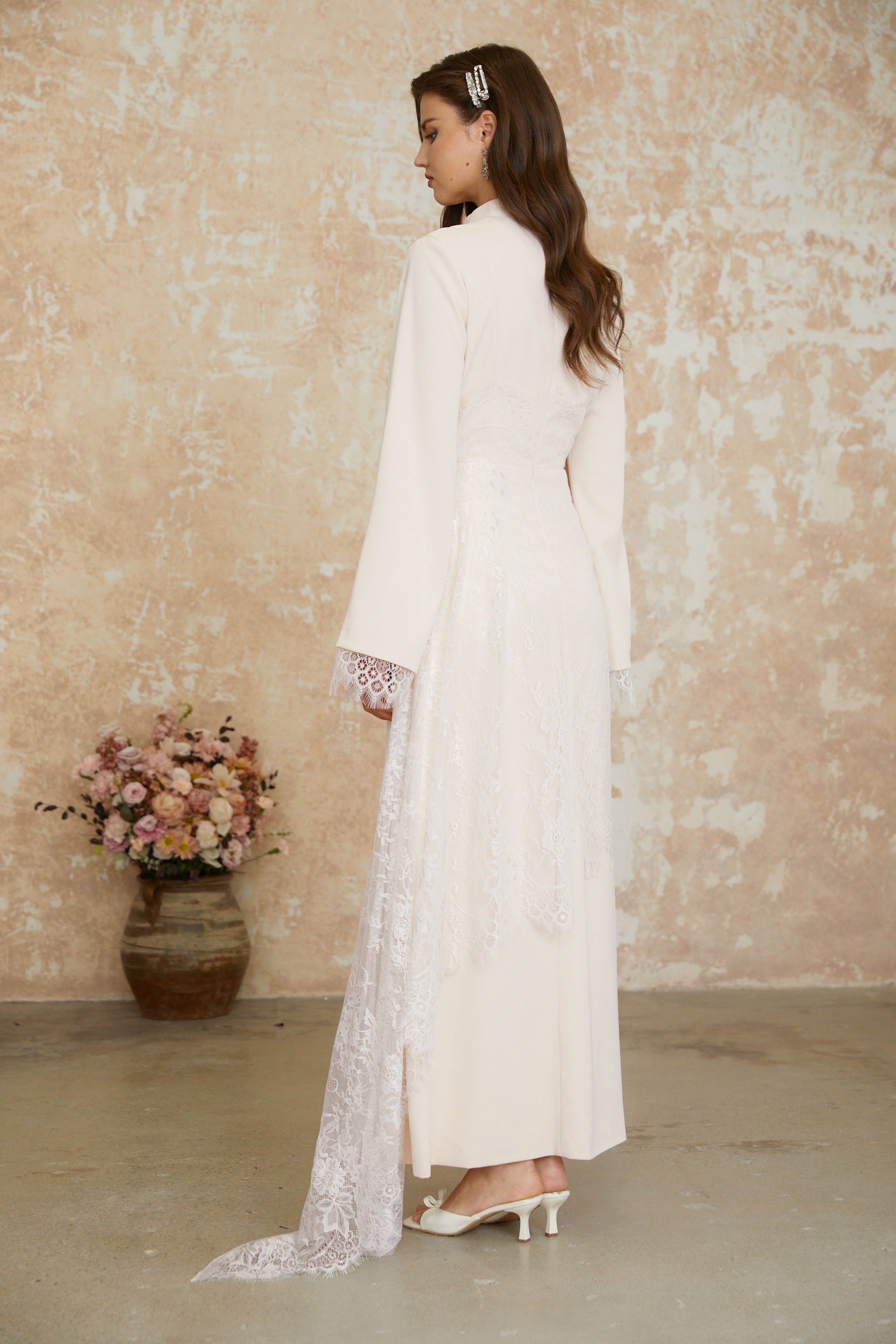 Elysia White Asymmetrical Floral Lace Maxi Dress