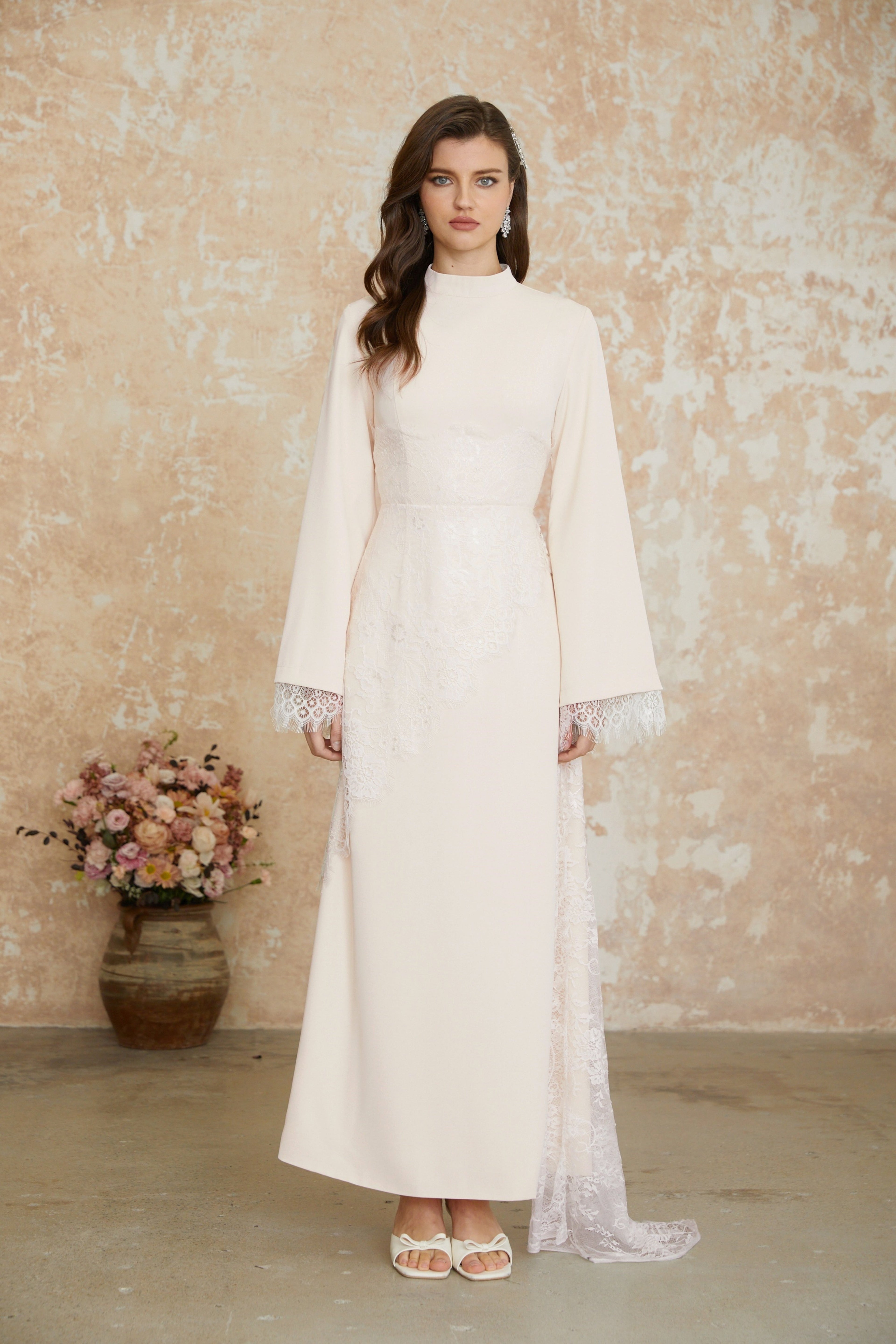 Elysia White Asymmetrical Floral Lace Maxi Dress