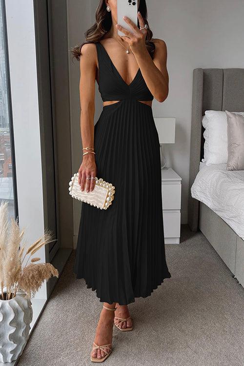 V-Neck Cut-Out Waist Sleeveless Pleated Maxi Dress