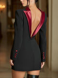 Black Blazer Dress with Deep Burgundy Satin Trim and Open-Back Detail
