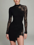 Black Turtleneck Lace Asymmetrical Tulle Long-Sleeved Mini Dress