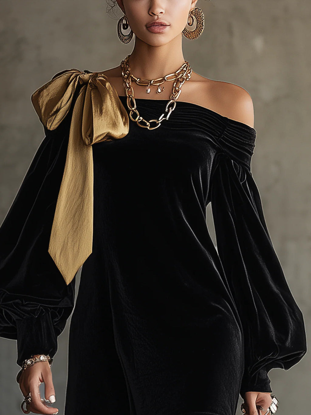 Black Velvet and Gold Satin Patchwork Off-the-Shoulder Mini Dress