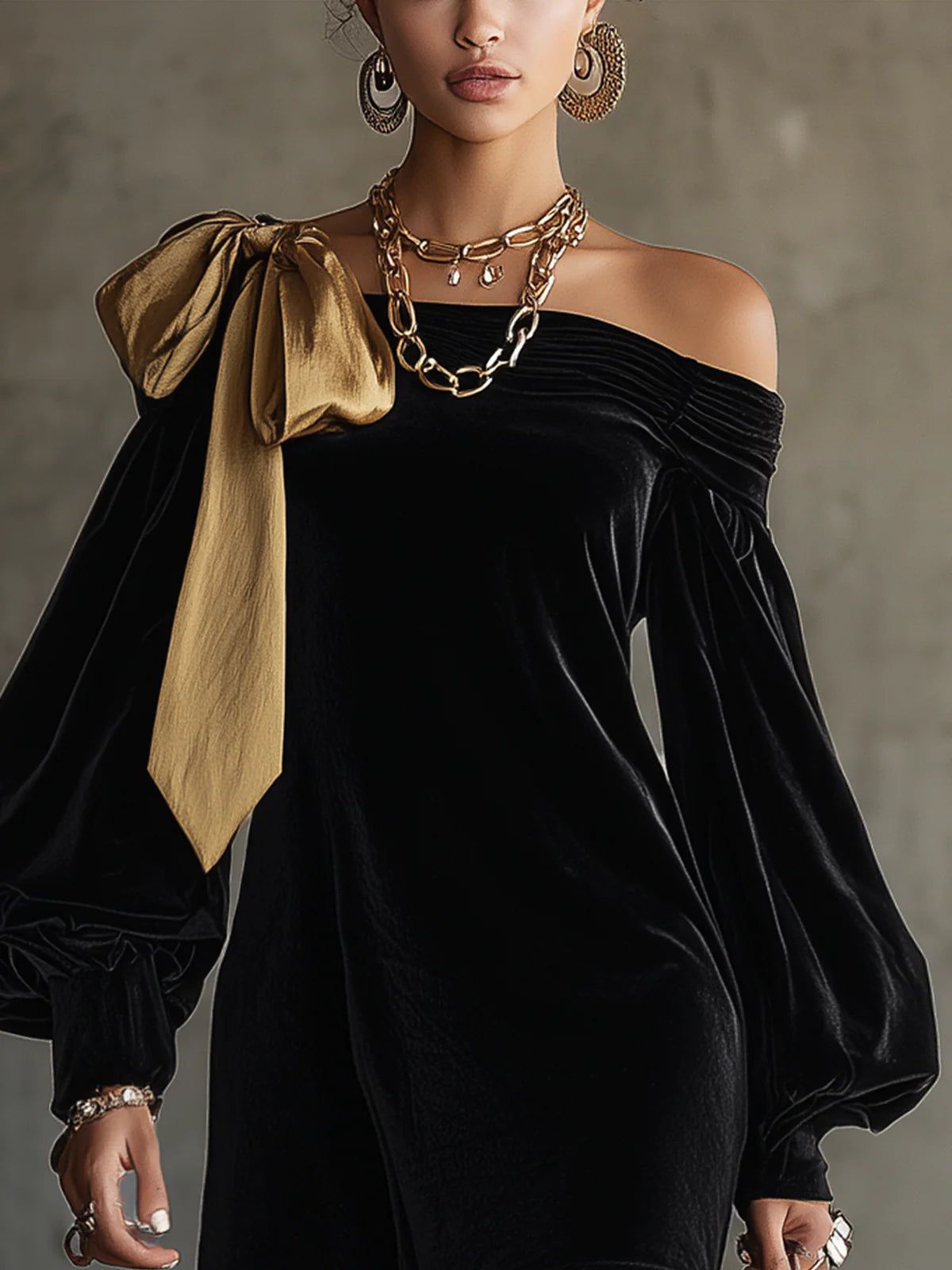 Black Velvet and Gold Satin Patchwork Off-the-Shoulder Mini Dress