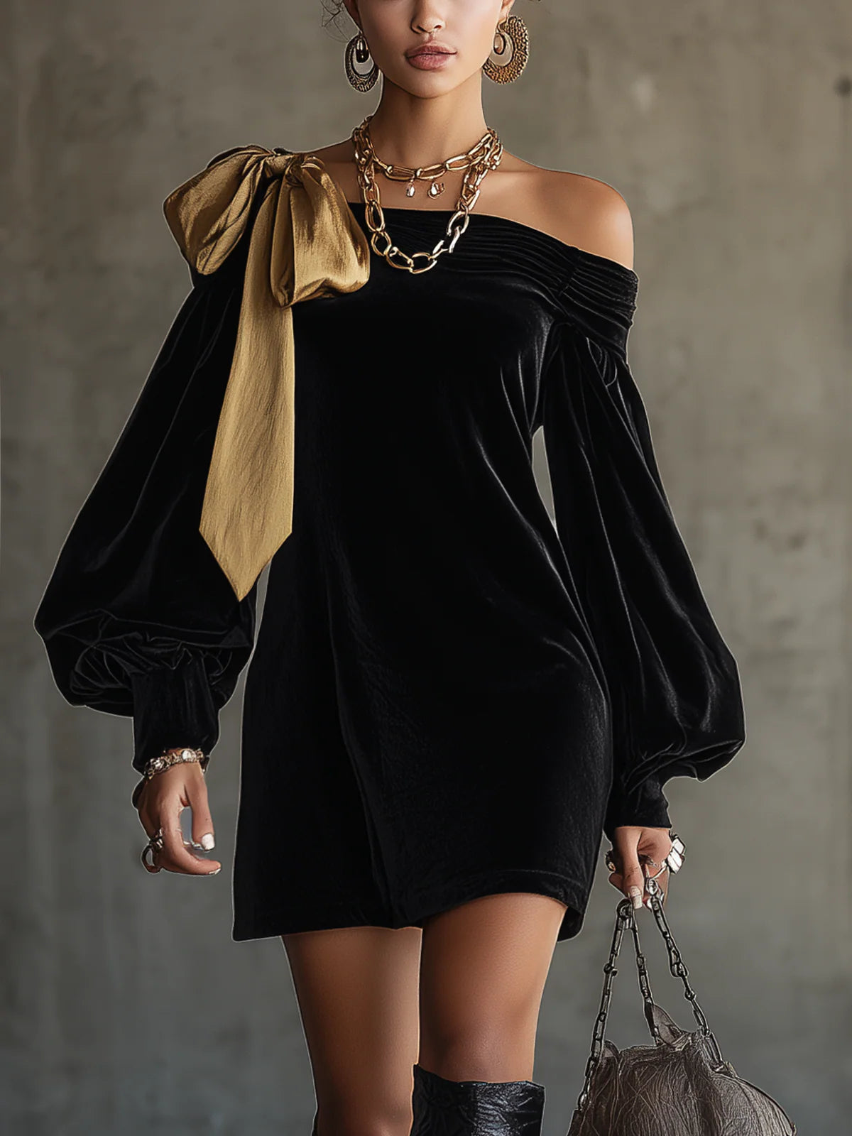 Black Velvet and Gold Satin Patchwork Off-the-Shoulder Mini Dress
