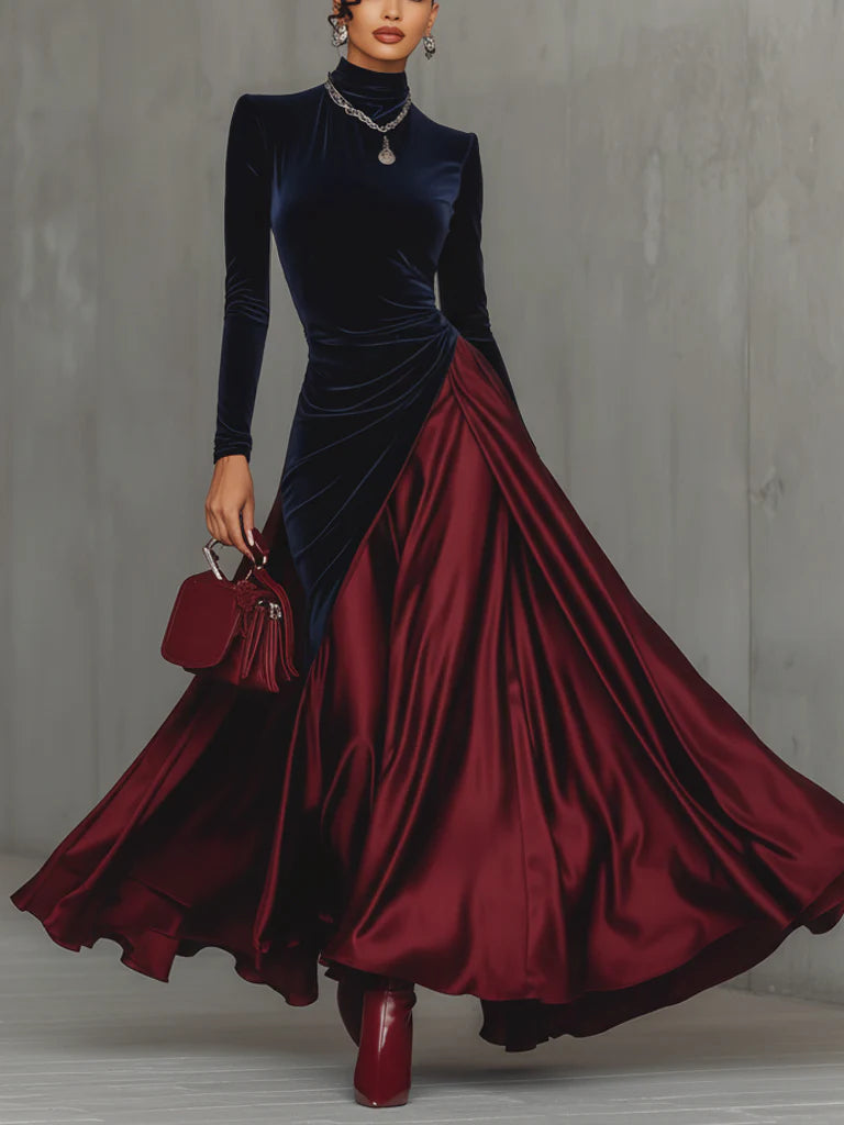 Blue Velvet and Burgundy Satin Color-Block Long Dress
