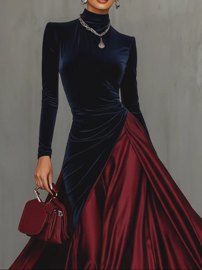 Blue Velvet and Burgundy Satin Color-Block Long Dress