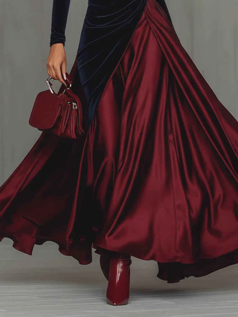 Blue Velvet and Burgundy Satin Color-Block Long Dress