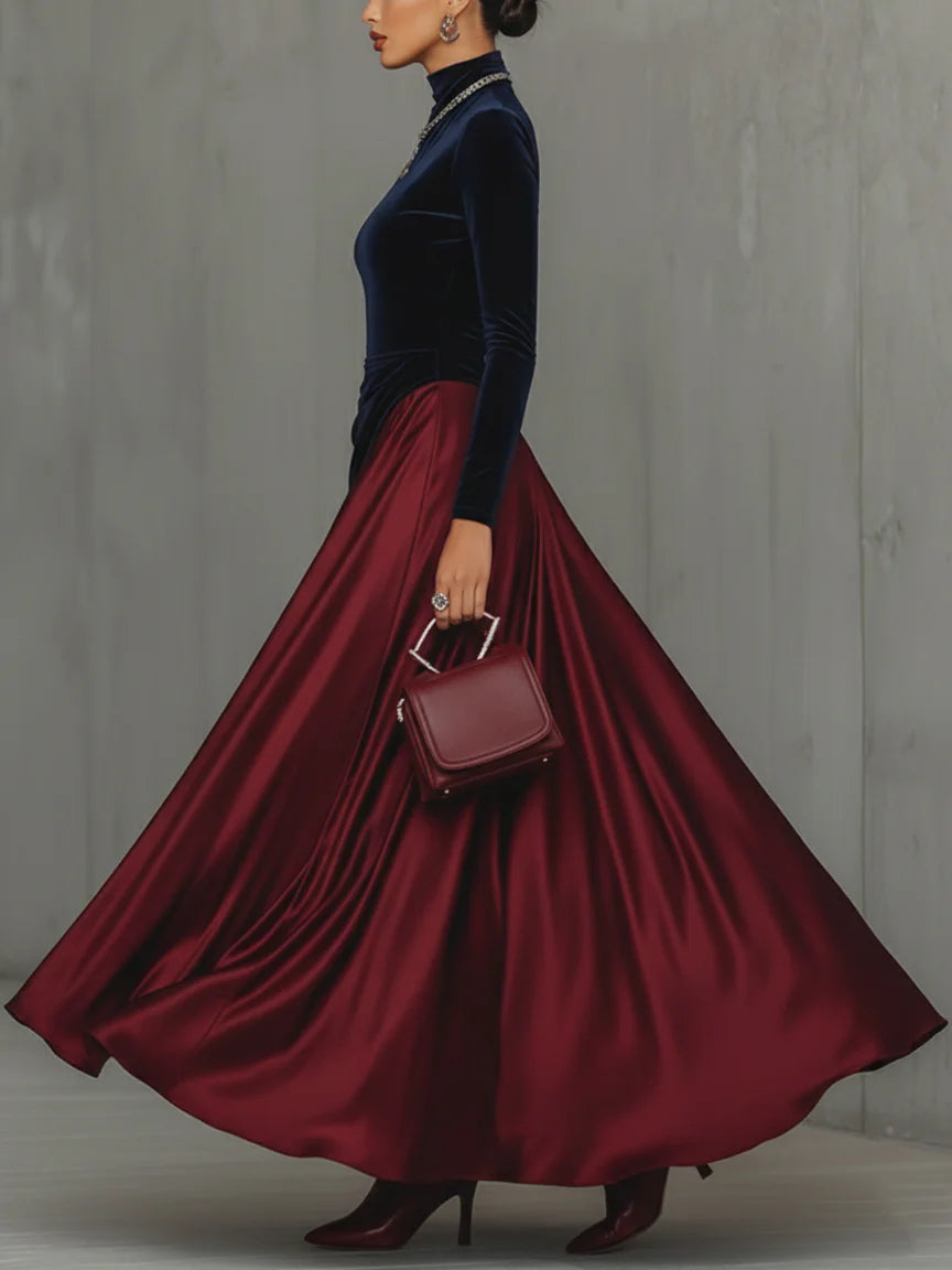 Blue Velvet and Burgundy Satin Color-Block Long Dress