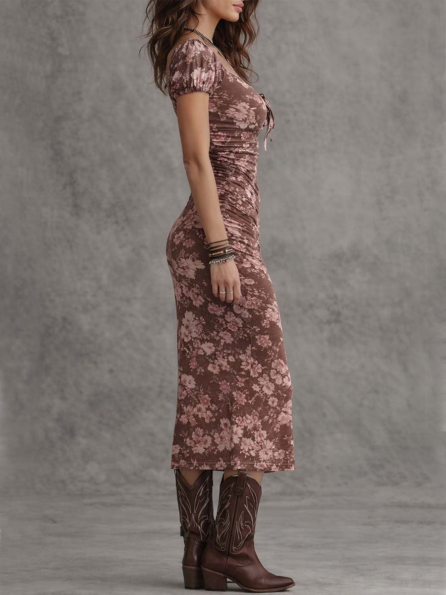 Sweetheart Neck Puff-Sleeve Bodycon Midi Dress with Slit
