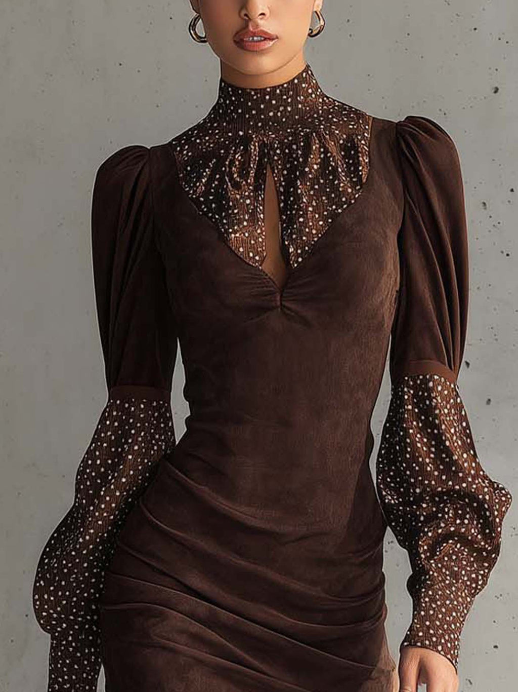 Brown Faux Suede Polka Dot Bodycon Dress