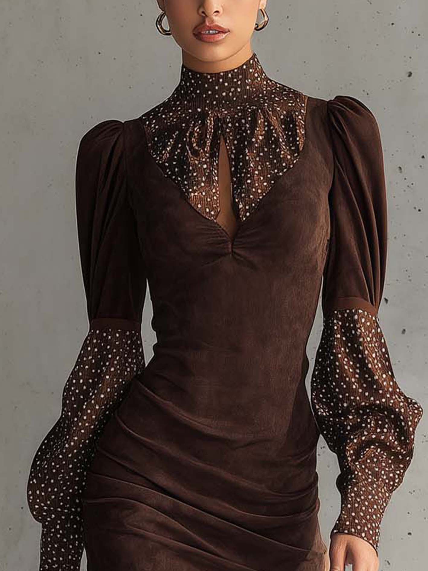 Brown Faux Suede Polka Dot Bodycon Dress