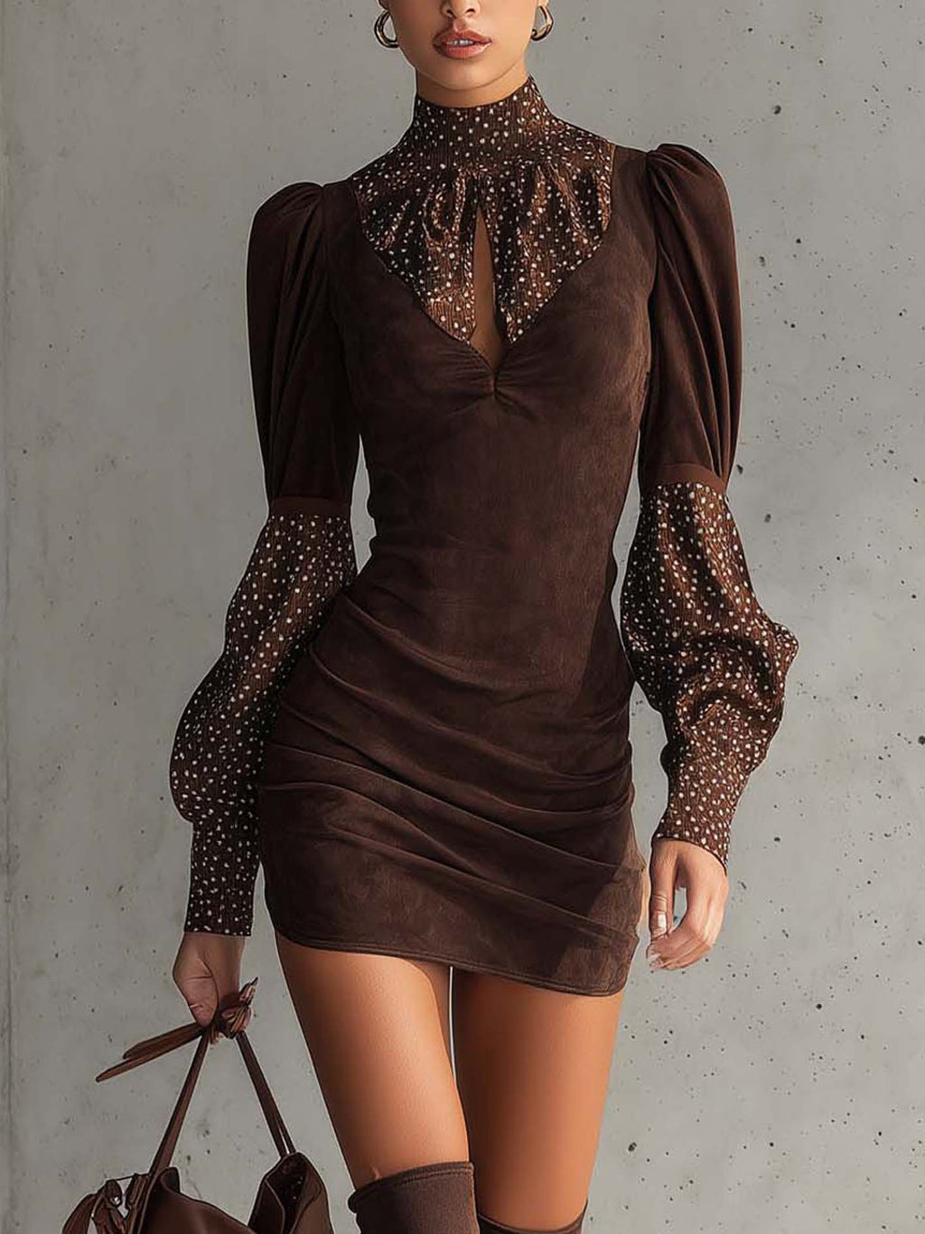 Brown Faux Suede Polka Dot Bodycon Dress