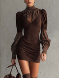 Brown Faux Suede Polka Dot Bodycon Dress