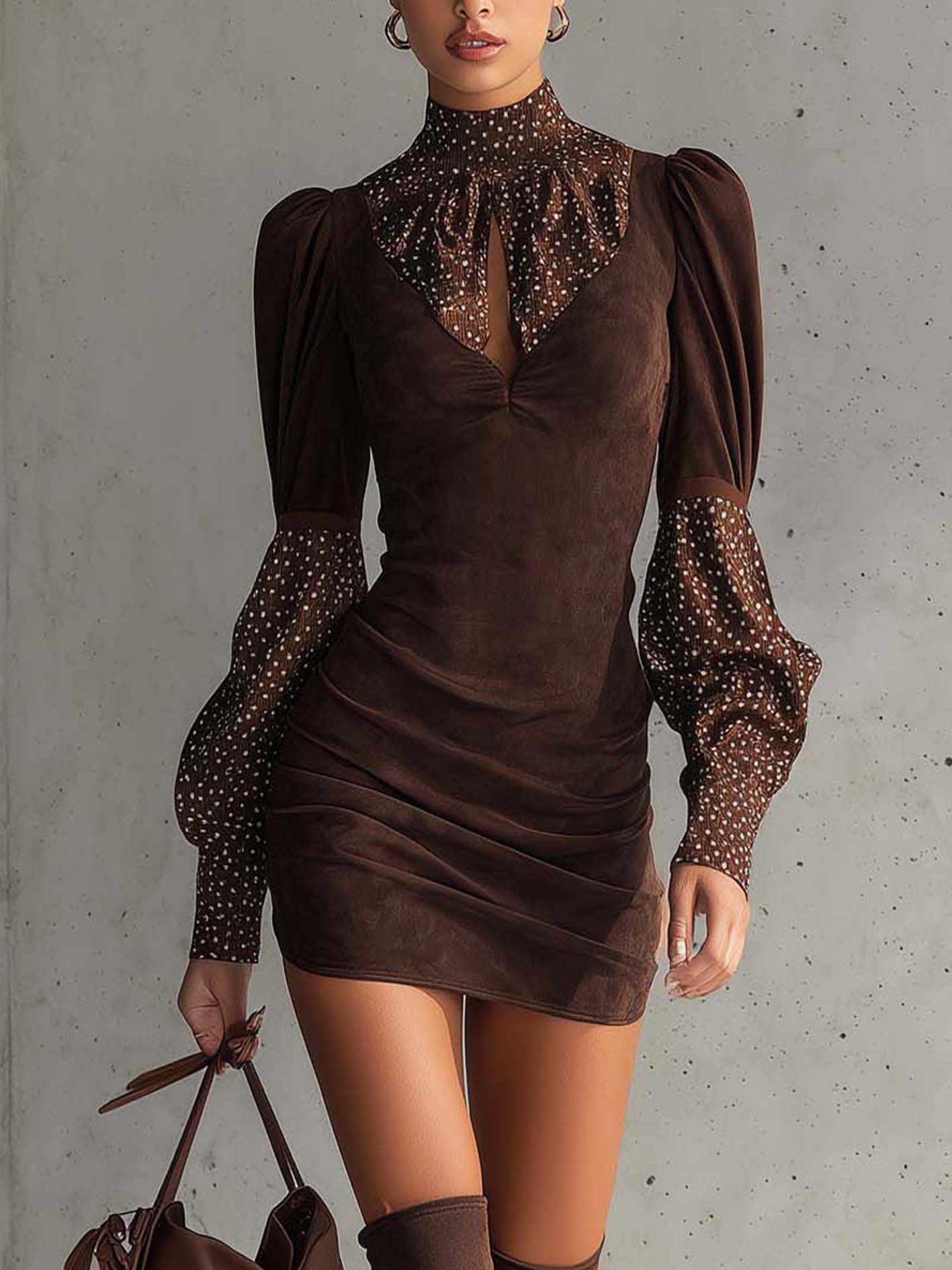 Brown Faux Suede Polka Dot Bodycon Dress