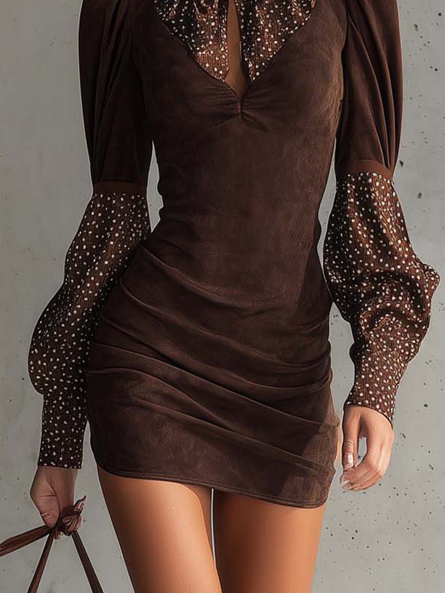 Brown Faux Suede Polka Dot Bodycon Dress