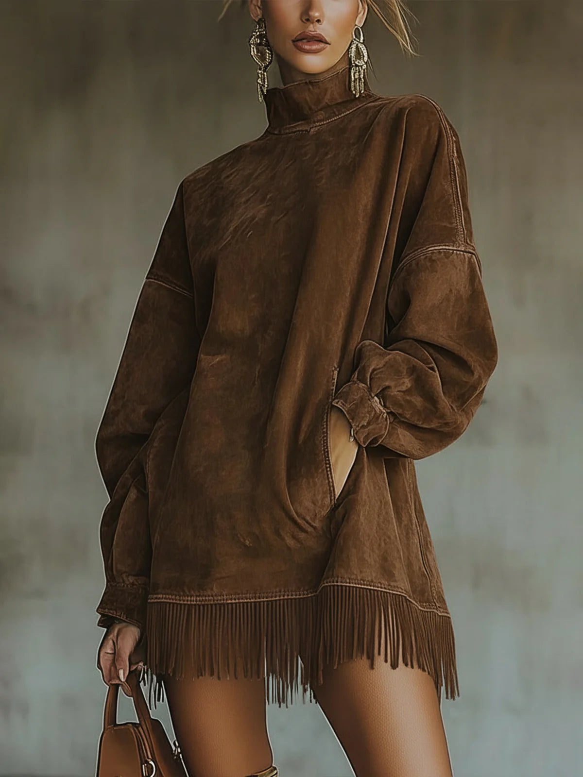 Fringed Suede-Effect Faux Leather High-Neck Dress