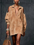 Camel Suede-Effect Faux Leather Bardot Dress