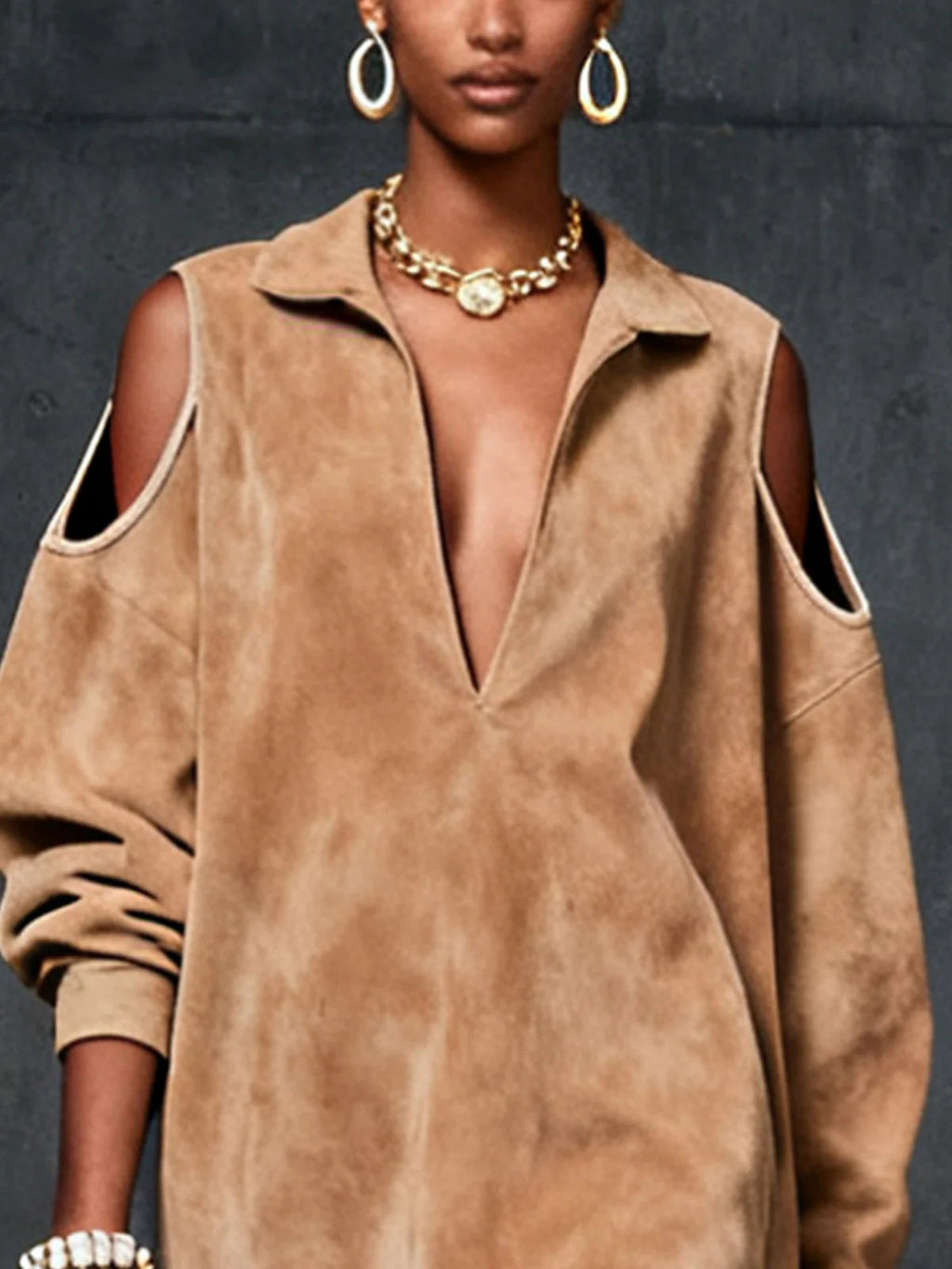 Camel Suede-Effect Faux Leather Bardot Dress