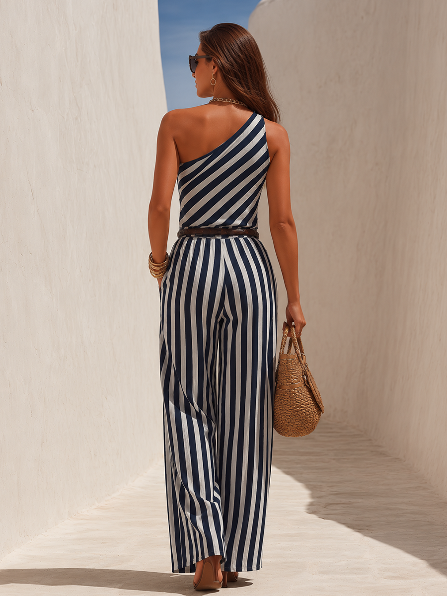 Bohemian One-shoulder Striped Jumpsuit