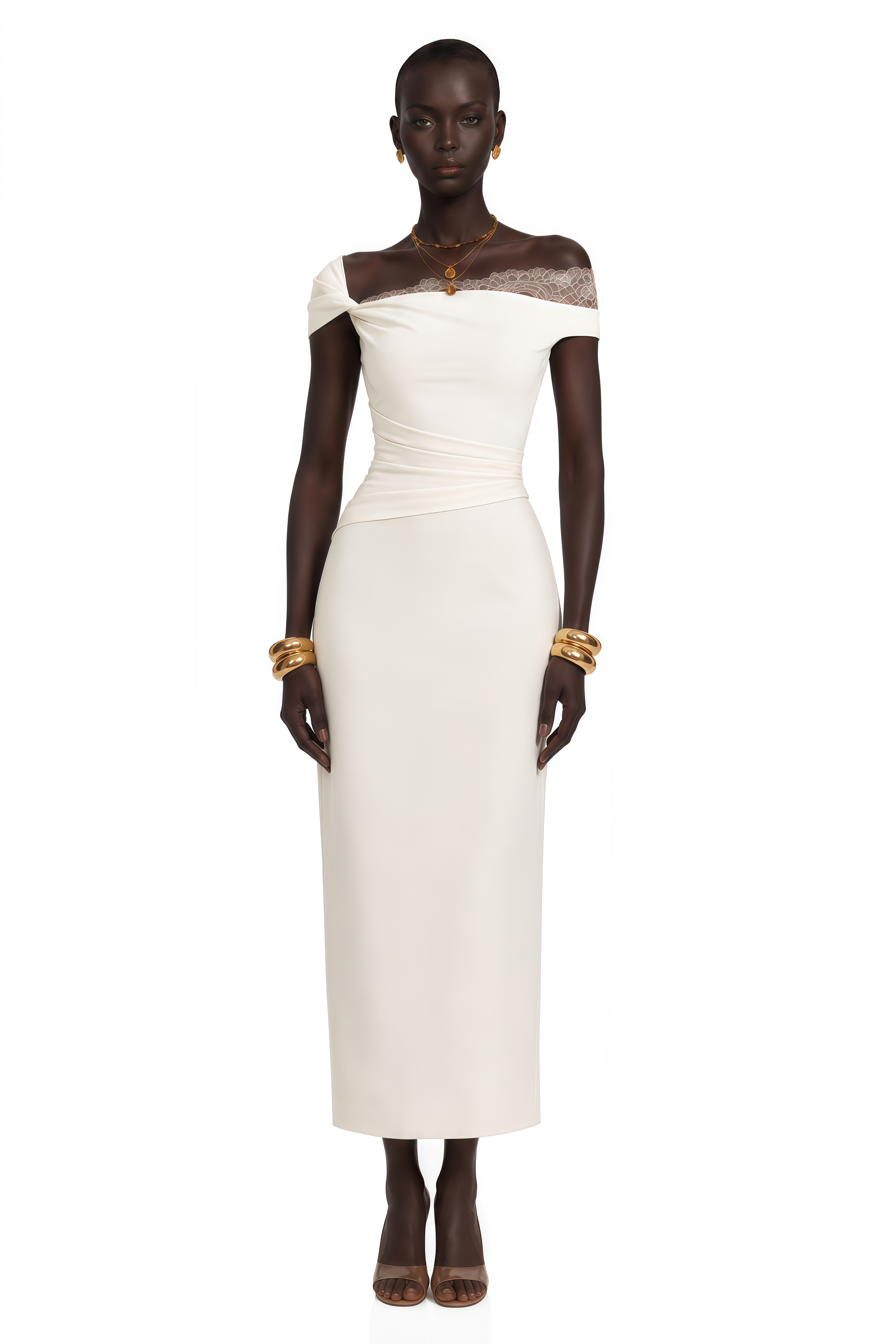 Roshanak White One Shoulder Midi Dress with Lace Panels