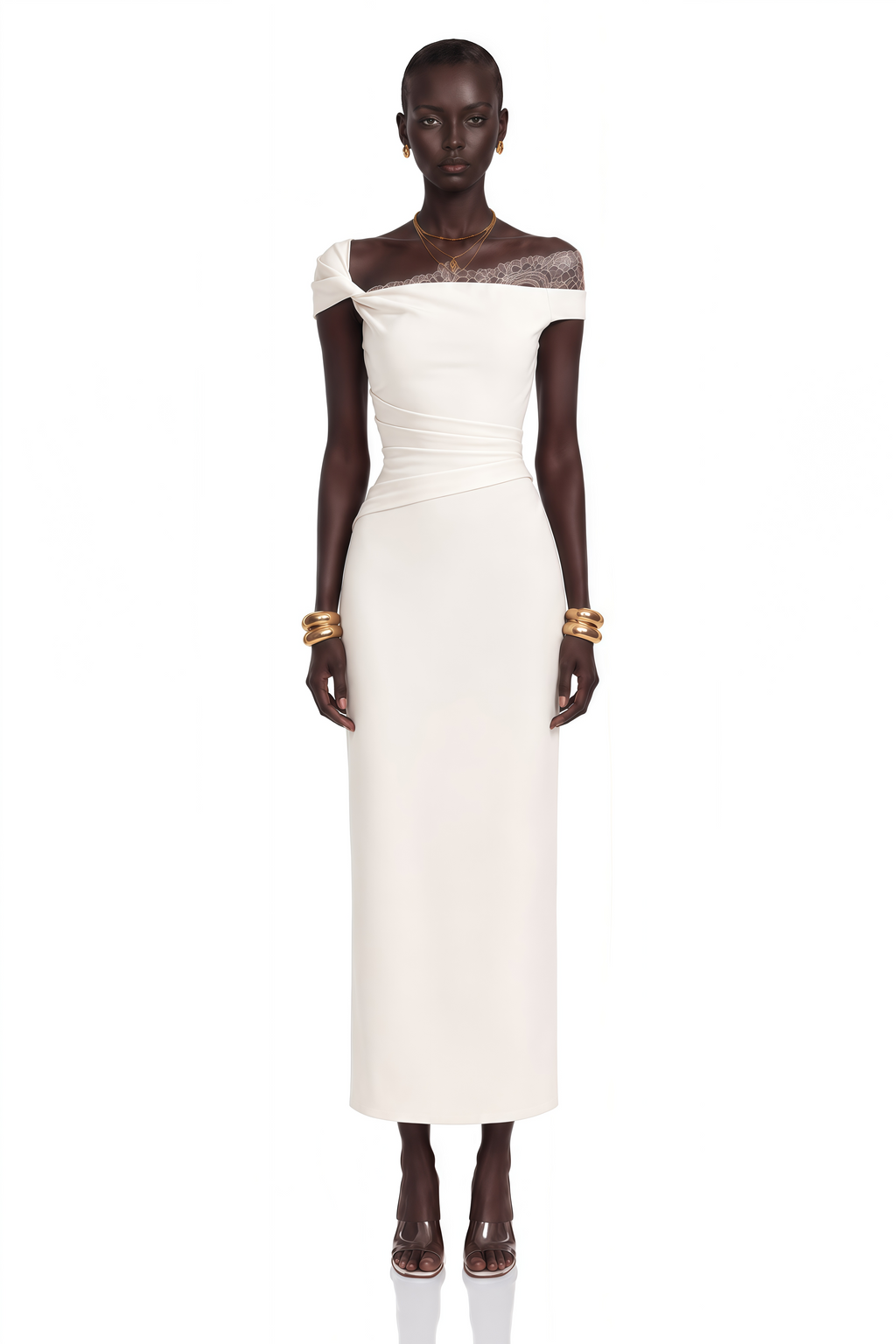 Roshanak White One Shoulder Midi Dress with Lace Panels