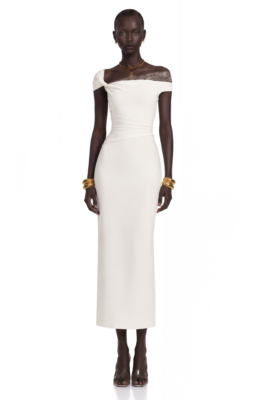 Roshanak White One Shoulder Midi Dress with Lace Panels