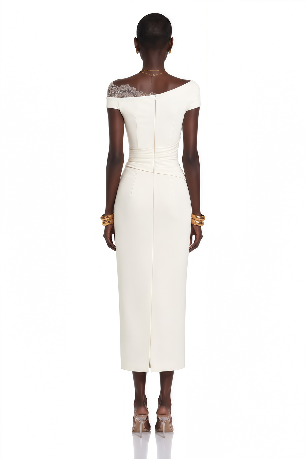 Roshanak White One Shoulder Midi Dress with Lace Panels