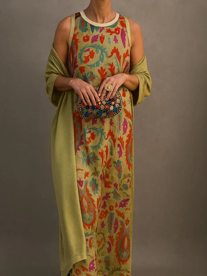 Elegant two-piece printed dress with cape
