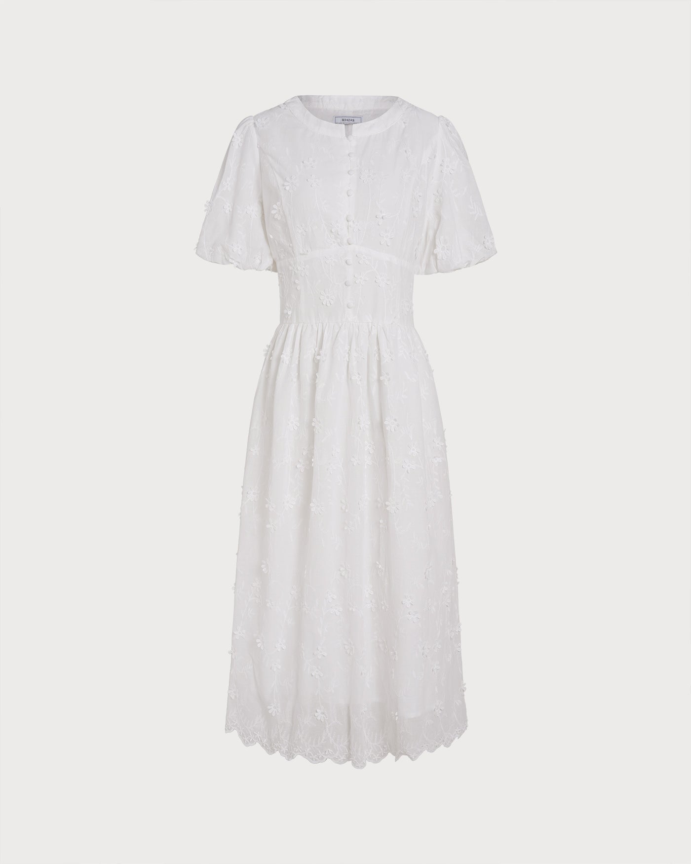White Floral Midi Dress with Round Neck
