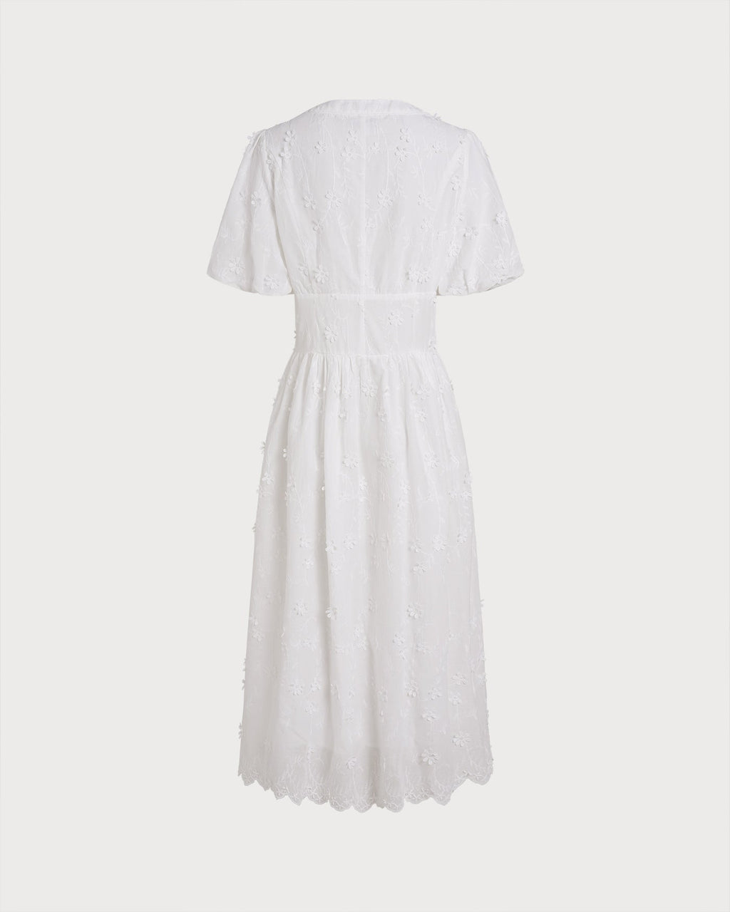 White Floral Midi Dress with Round Neck