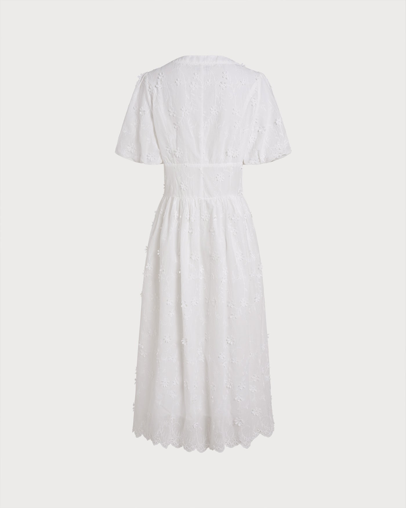 White Floral Midi Dress with Round Neck