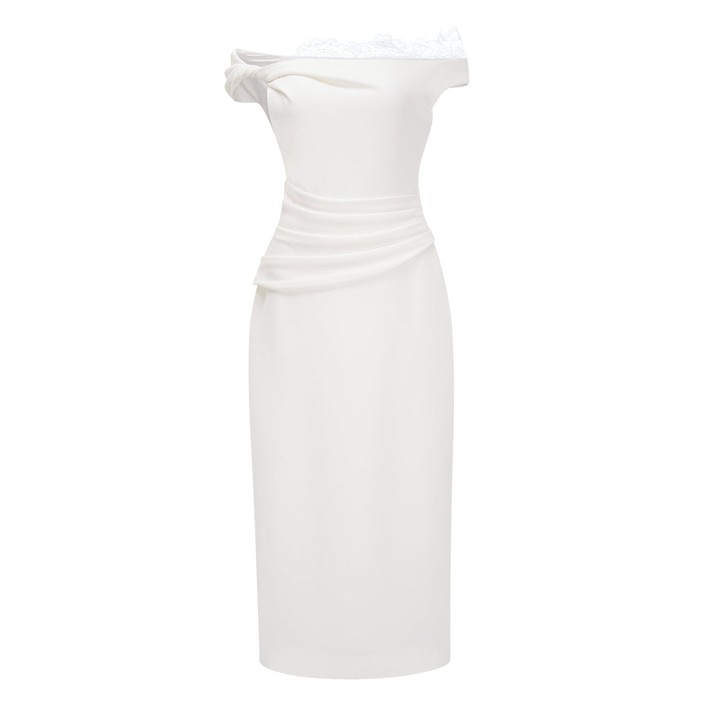 Roshanak White One Shoulder Midi Dress with Lace Panels