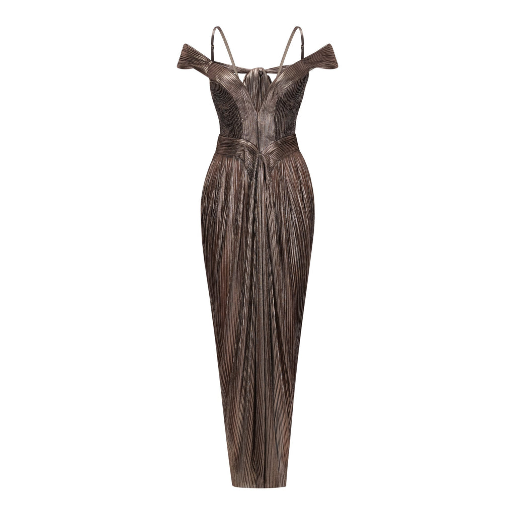 Marise Brown Draped Satin Maxi Dress