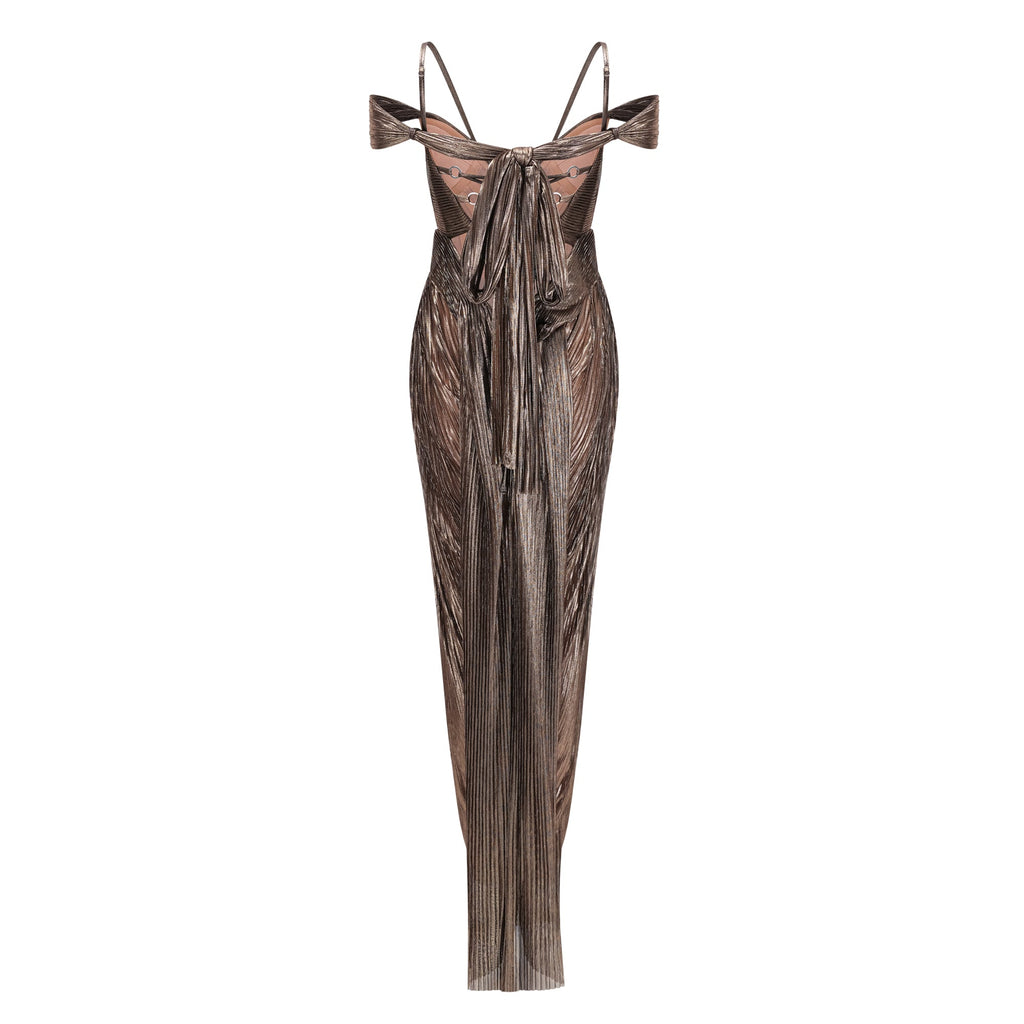 Marise Brown Draped Satin Maxi Dress