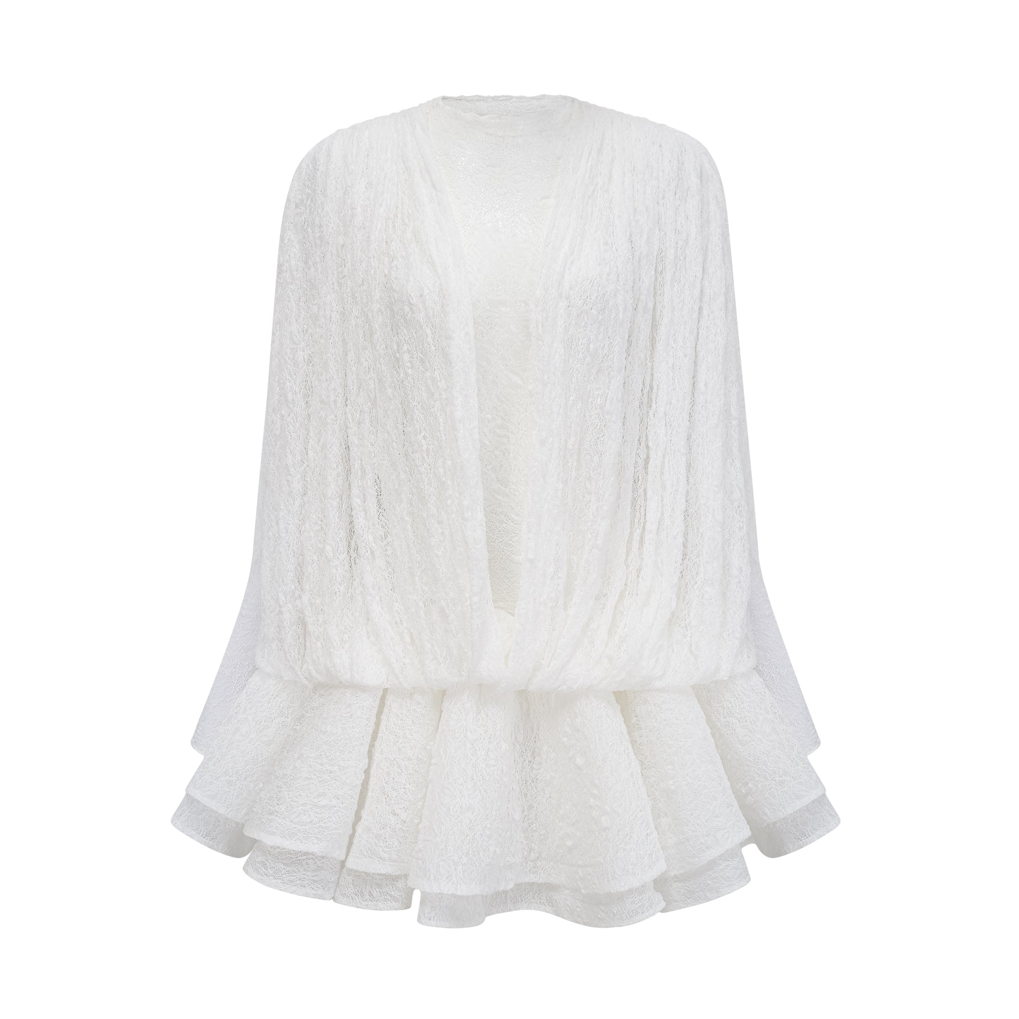 Isoline White Semi-Sheer Lace Top & Shorts & Dress Matching Set