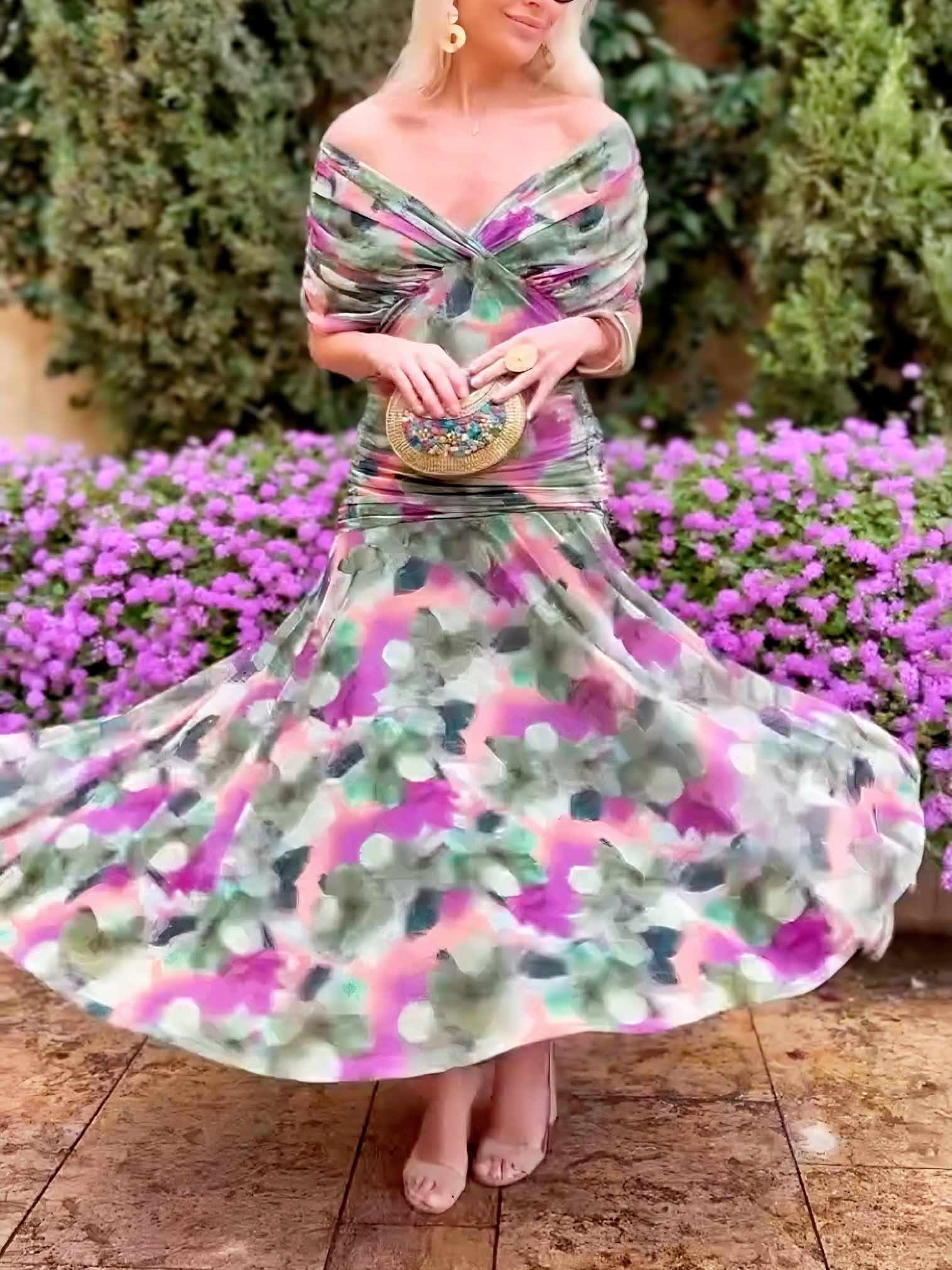 Elegant Party Maxi Dress with Painted Fantasy Floral Print V-Neck