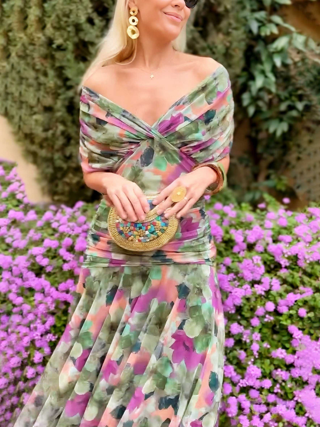 Elegant Party Maxi Dress with Painted Fantasy Floral Print V-Neck