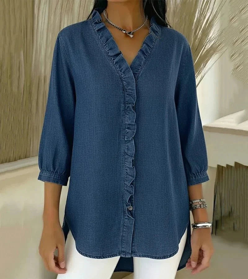 ADELE | Flowing Denim Blouse with V-Neck and Ruffles