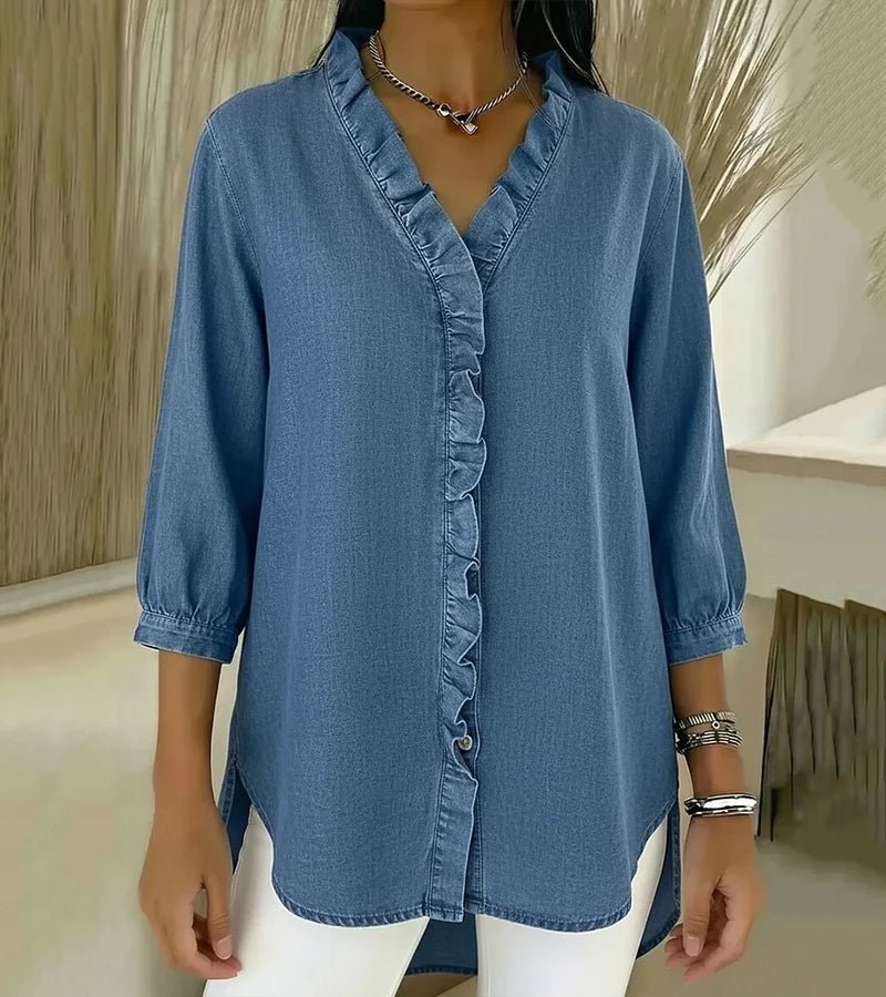 ADELE | Flowing Denim Blouse with V-Neck and Ruffles