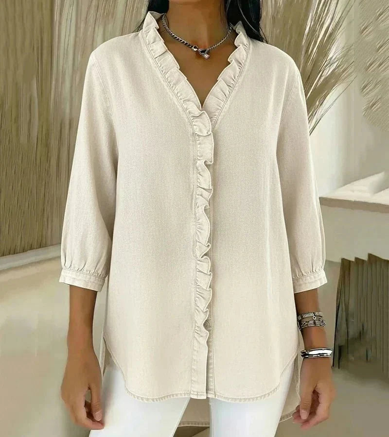 ADELE | Flowing Denim Blouse with V-Neck and Ruffles