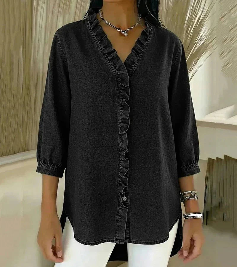 ADELE | Flowing Denim Blouse with V-Neck and Ruffles