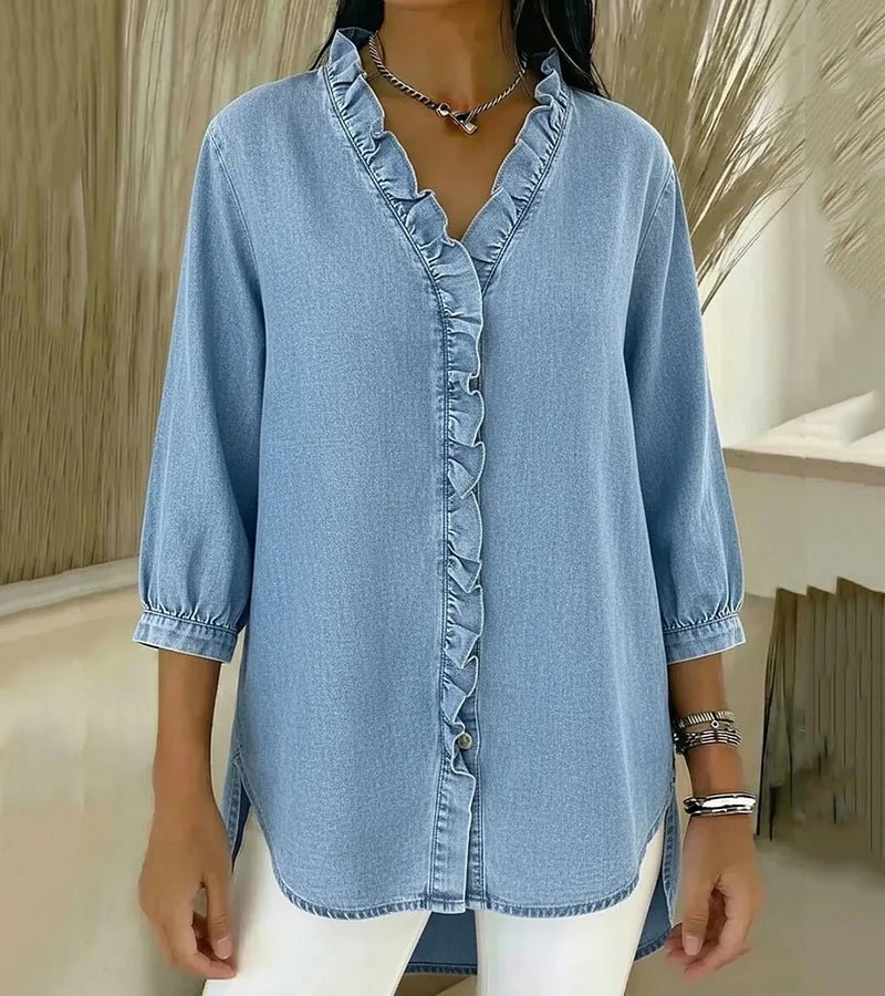ADELE | Flowing Denim Blouse with V-Neck and Ruffles