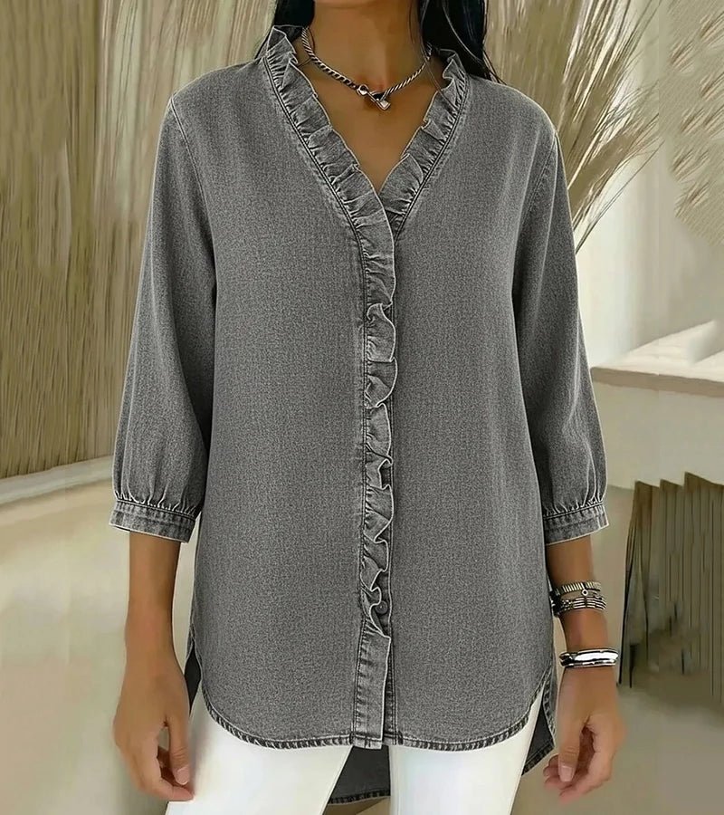 ADELE | Flowing Denim Blouse with V-Neck and Ruffles