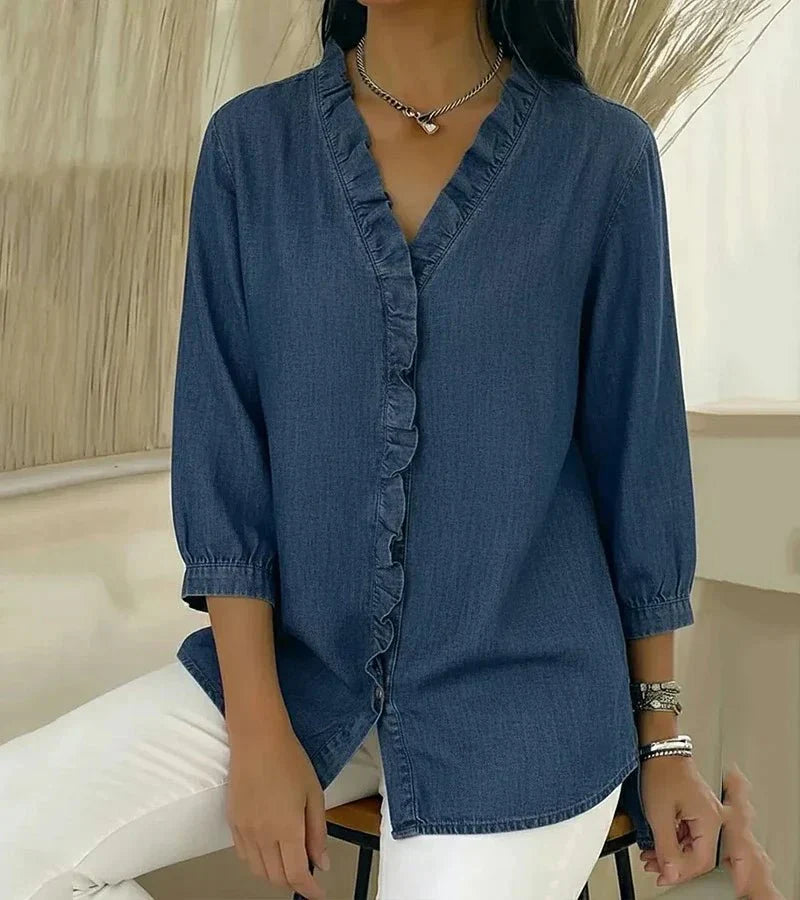 ADELE | Flowing Denim Blouse with V-Neck and Ruffles