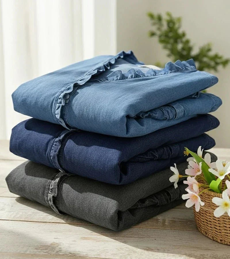 ADELE | Flowing Denim Blouse with V-Neck and Ruffles