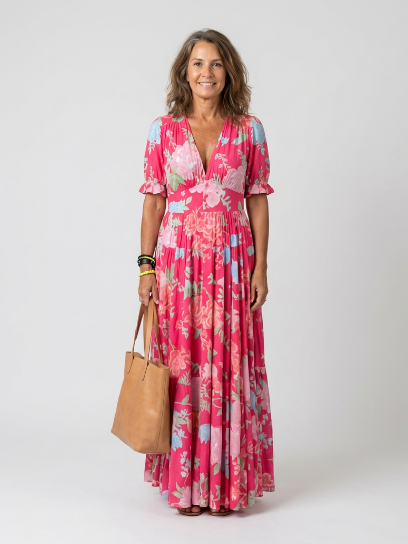 Ione | Abito midi floreale a maniche corte e scollatura a V